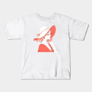 Minimalist line art pretty girl in red Kids T-Shirt